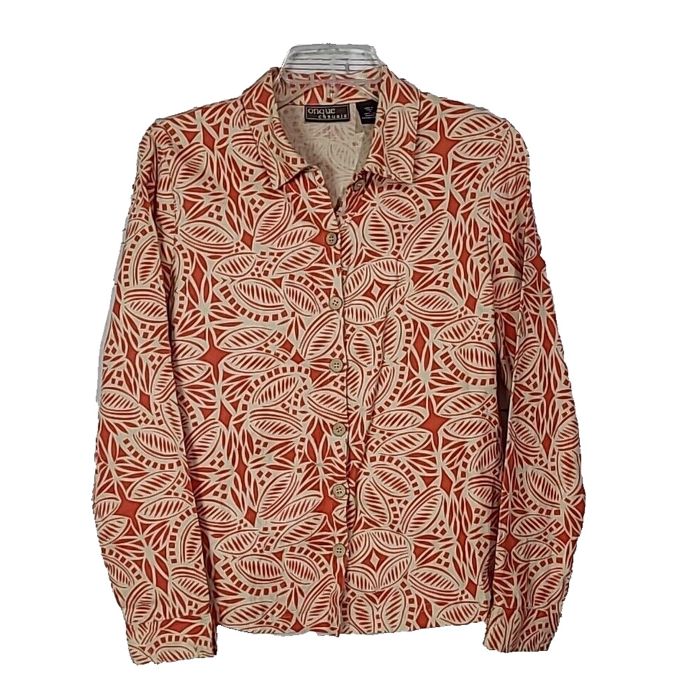 Onque Casuals Orange Floral Linen Button Front Long Sleeve Top Womans Size Small